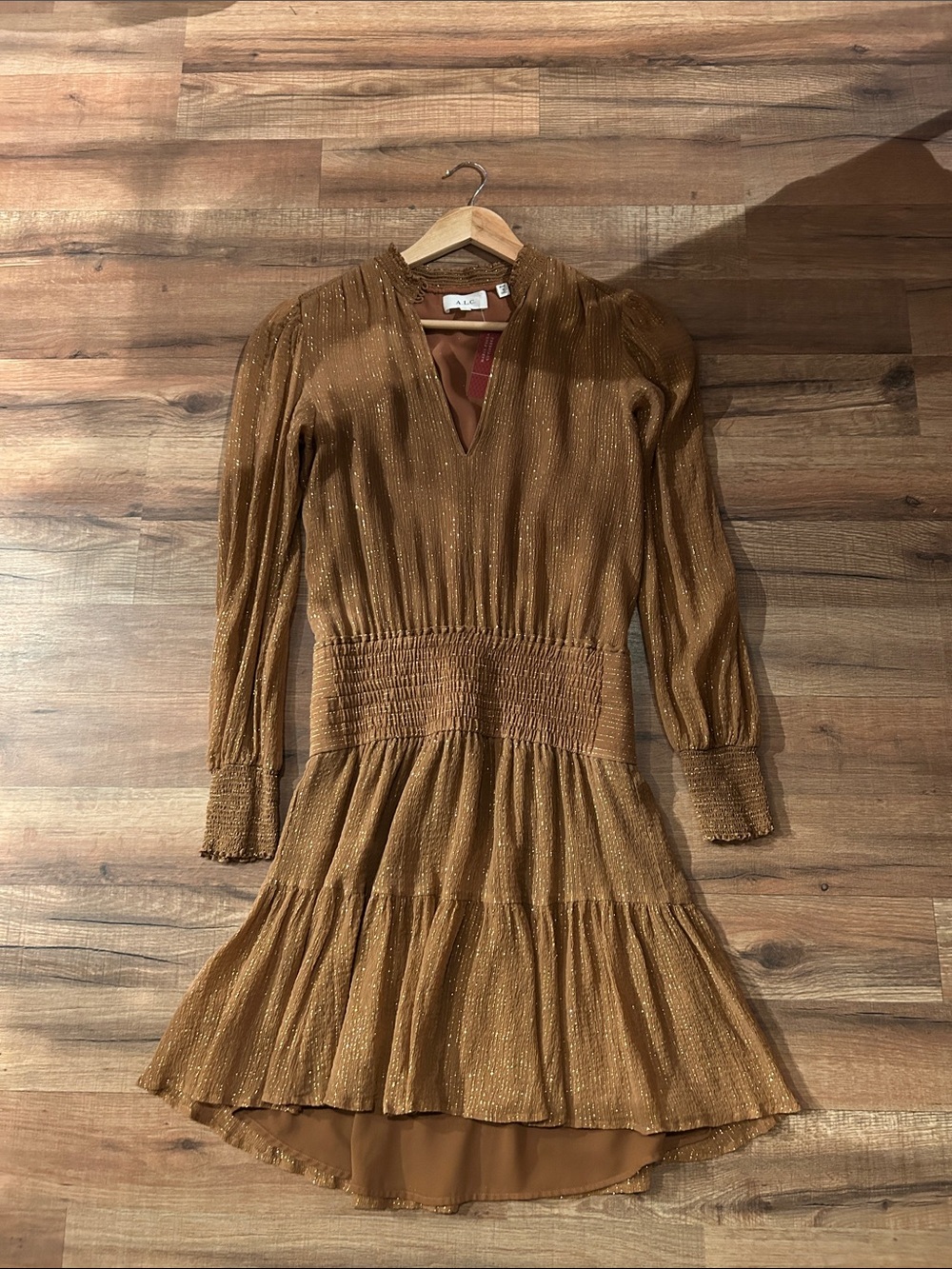 A.L.C. Metallic Tan Ruffled Neck Mini Dress - Picture 2 of 4